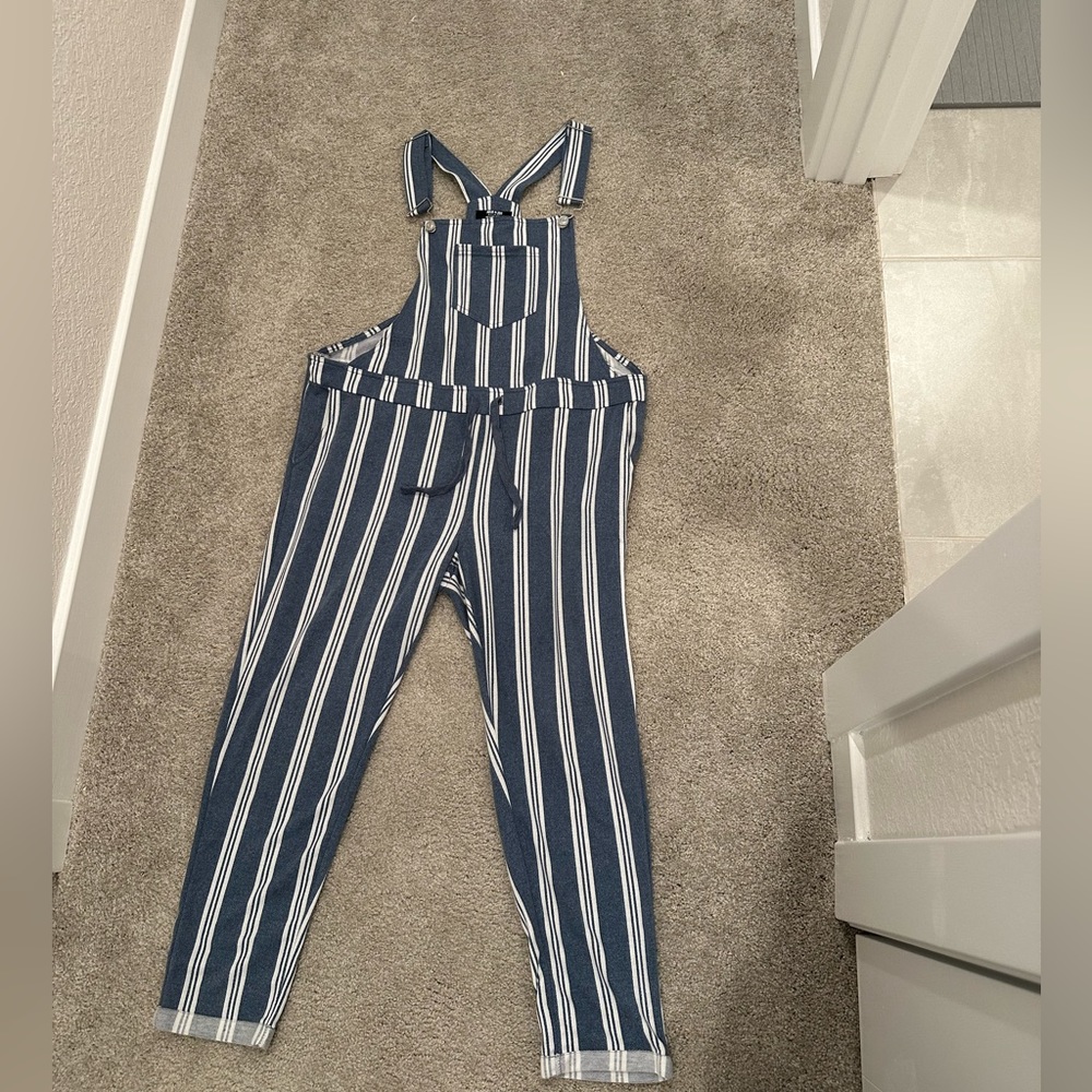 Jolie And Joy Women's Stripped Overalls Size XL Blue & White